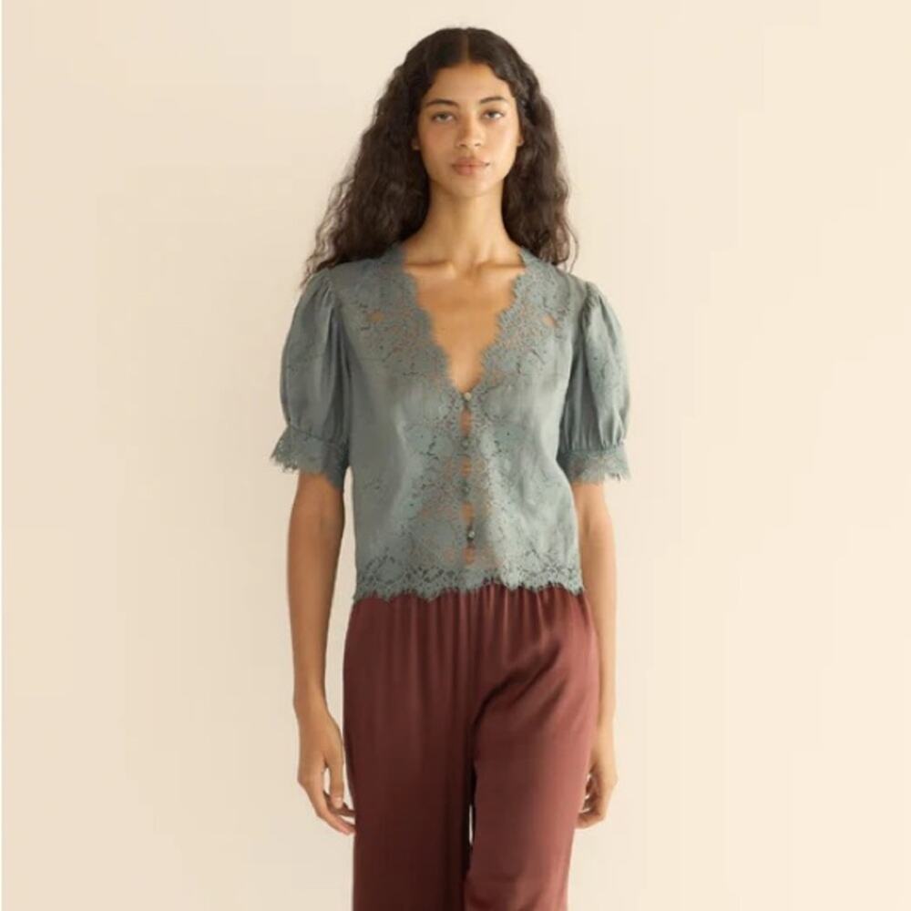Doen Idella Ramie Lace V Neck Button Short Sleeve Blouse Top Lagoon Blue - Picture 5 of 7